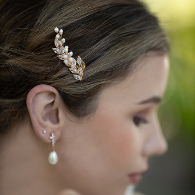 Jules Bridal - Malvina, Leaf Crystal Hair Comb with Pearls in Gold