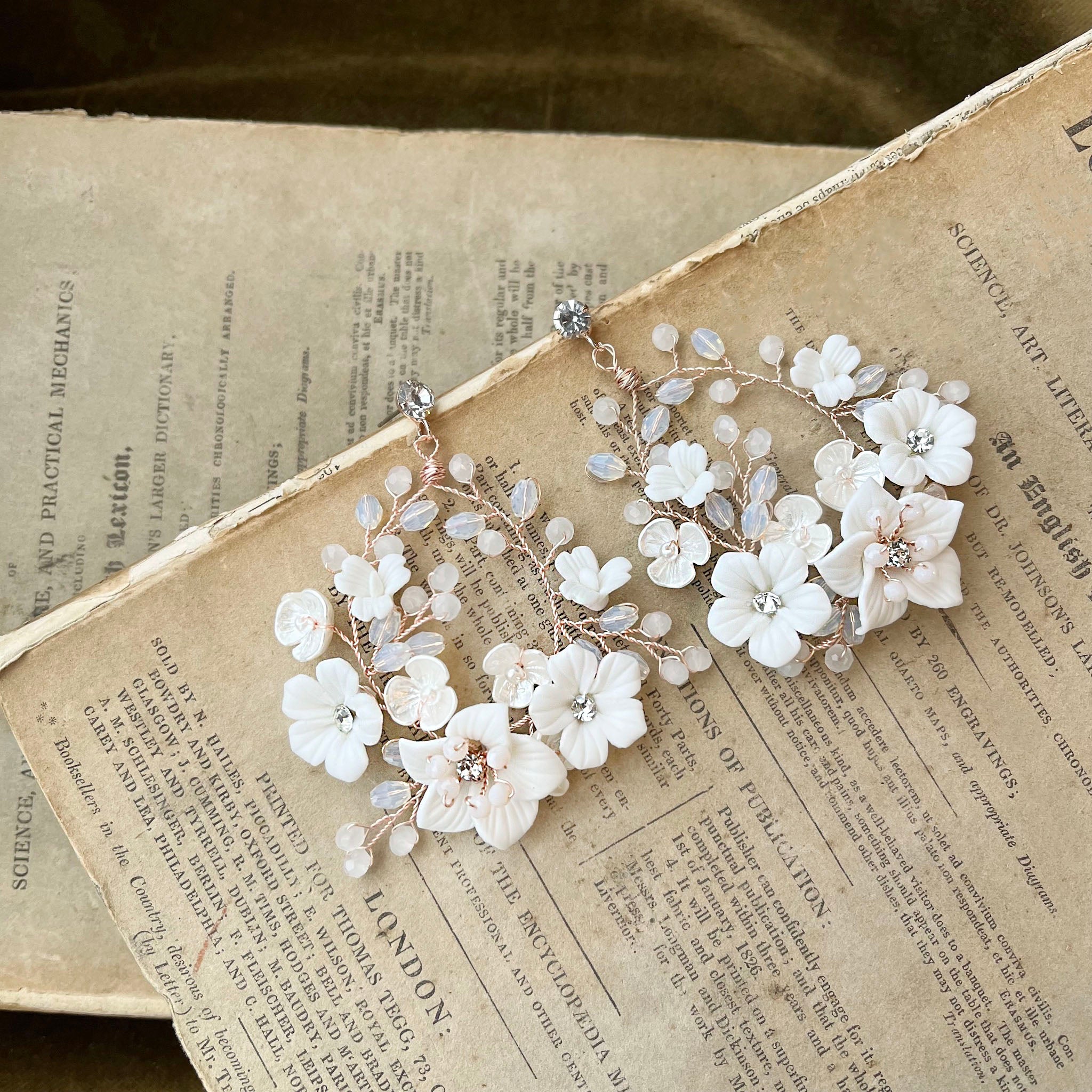 Jules Bridal - Myrtle, White Ceramic Floral Drop Earrings