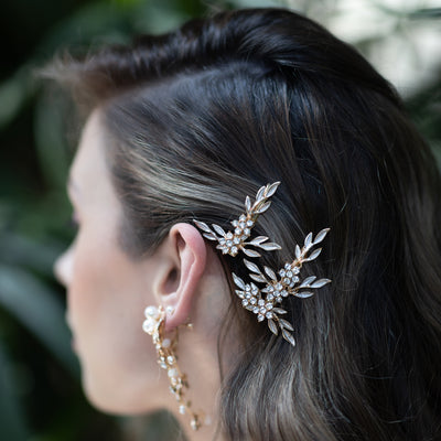 Jules Bridal - Nike, Crystal Floral Golden Leaf Bridal Clip Set