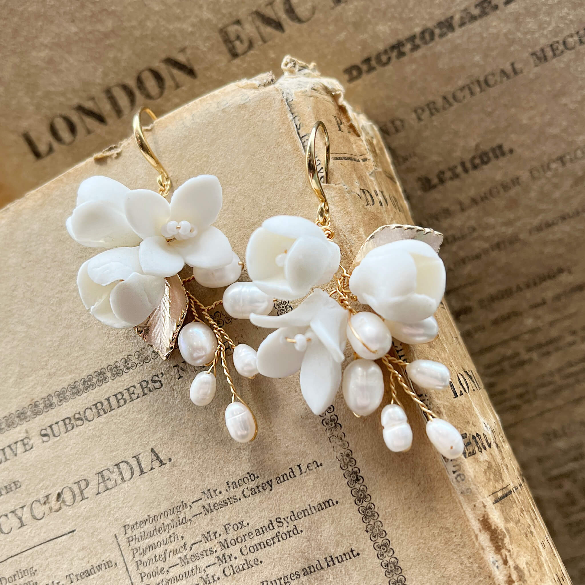 Jules Bridal - Primrose, White Ceramic Floral Drop Earrings