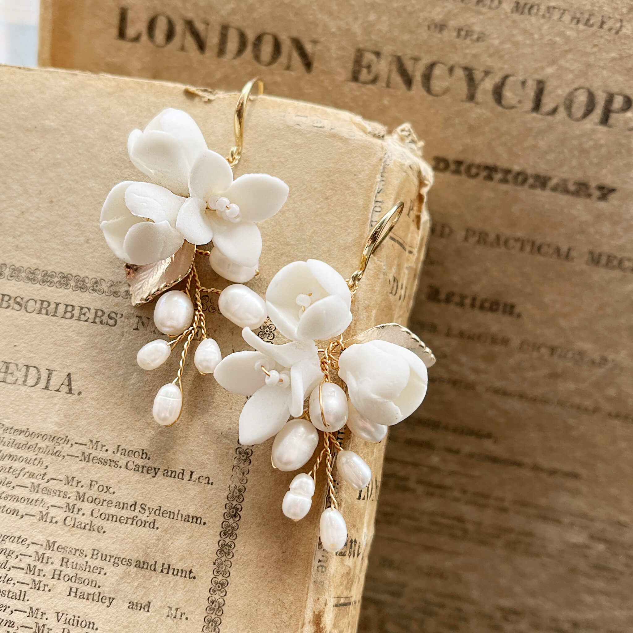 Jules Bridal - Primrose, White Ceramic Floral Drop Earrings
