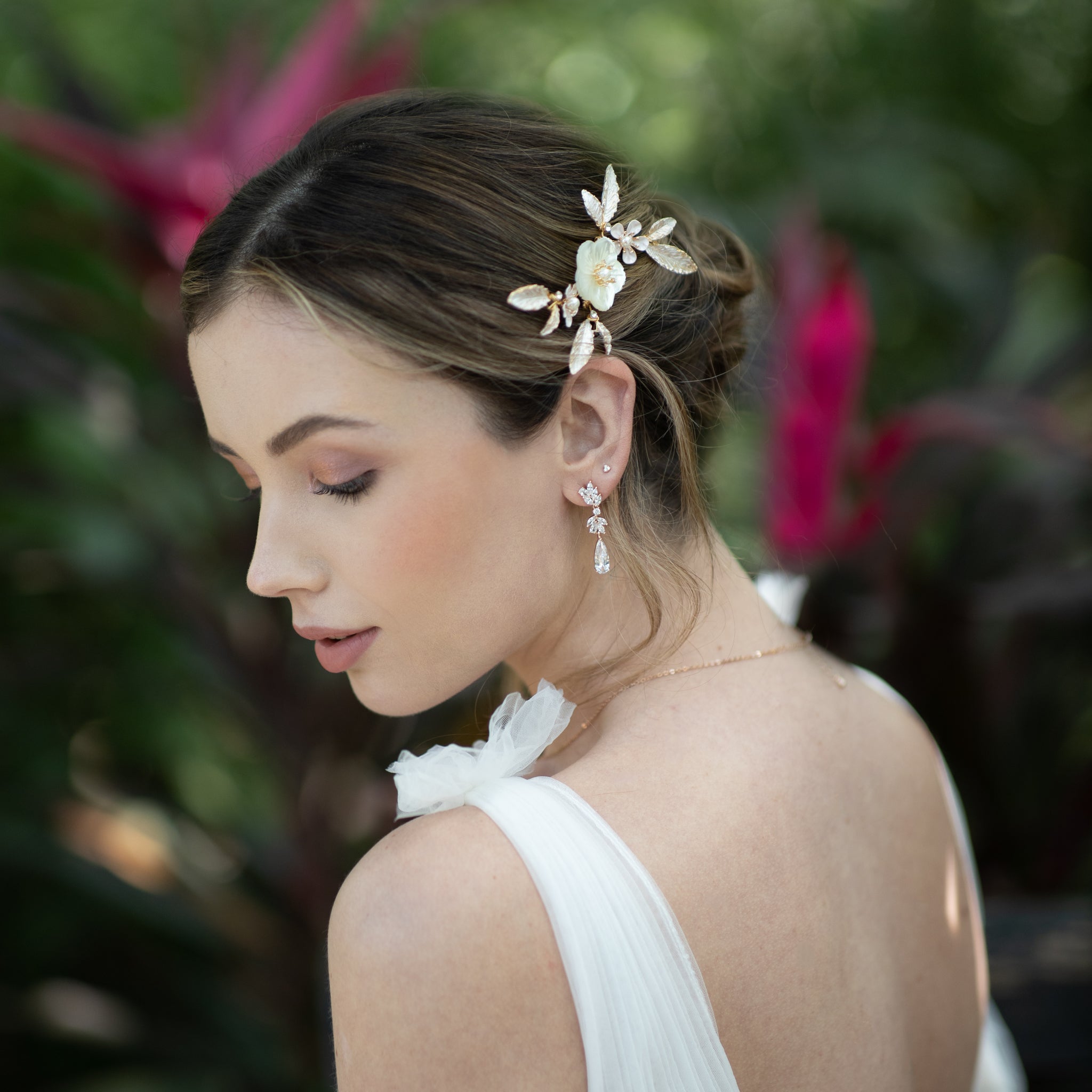Jules Bridal - Sakura, Floral Hair Comb with Pearls & Leaves