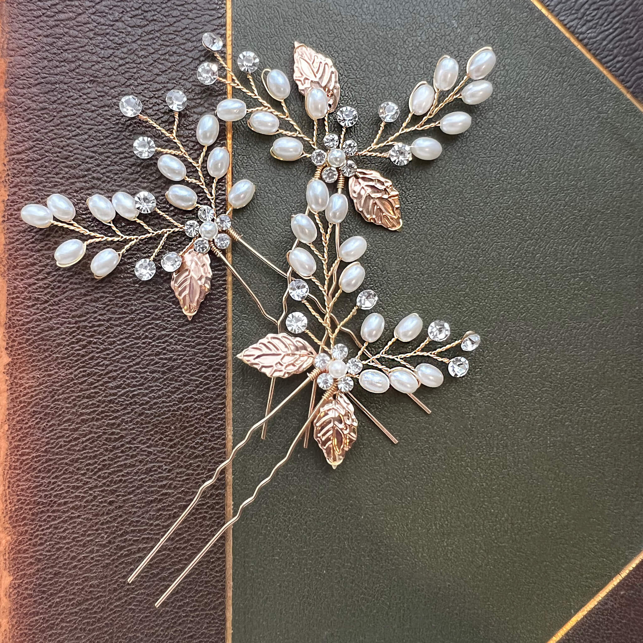 Jules Bridal - Sive, Golden Leaf Hair Pins with Pearls and Crystals