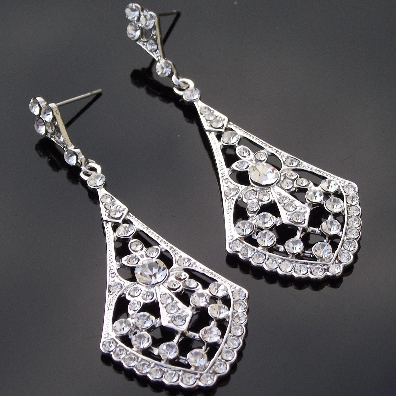Jules Bridal - Tulip, Crystal Silver Art Deco Vintage Style Earrings
