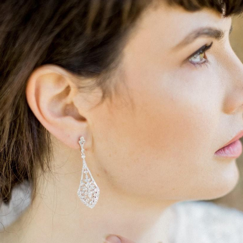 Jules Bridal - Tulip, Crystal Silver Art Deco Vintage Style Earrings