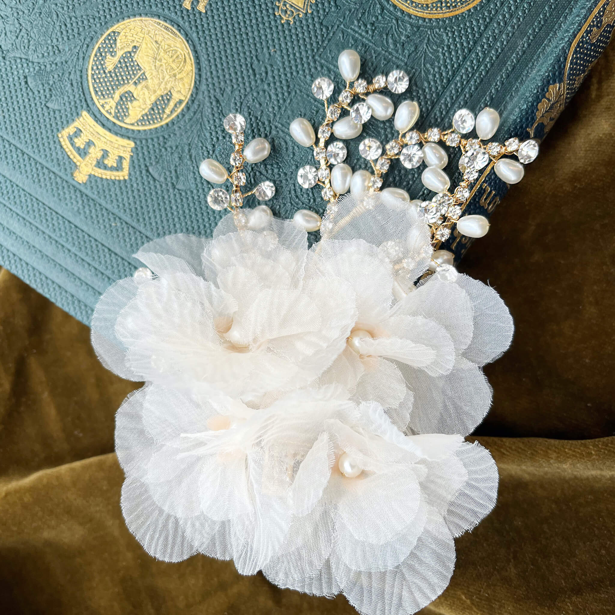Jules Bridal - Tyra, Chiffon Floral Crystal & Pearl Hair Clip