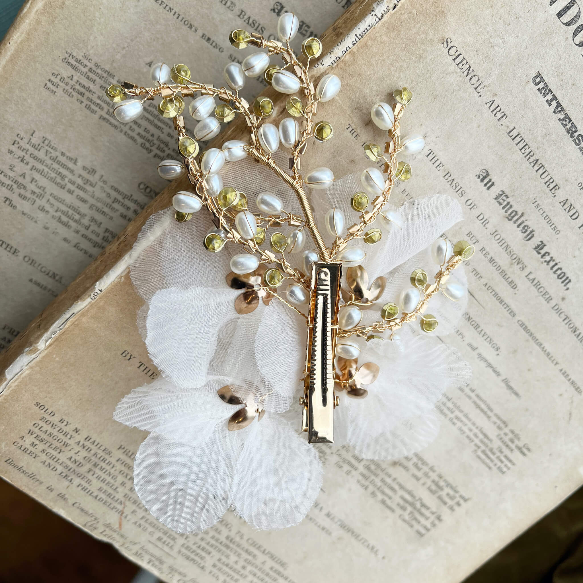 Jules Bridal - Tyra, Chiffon Floral Crystal & Pearl Hair Clip