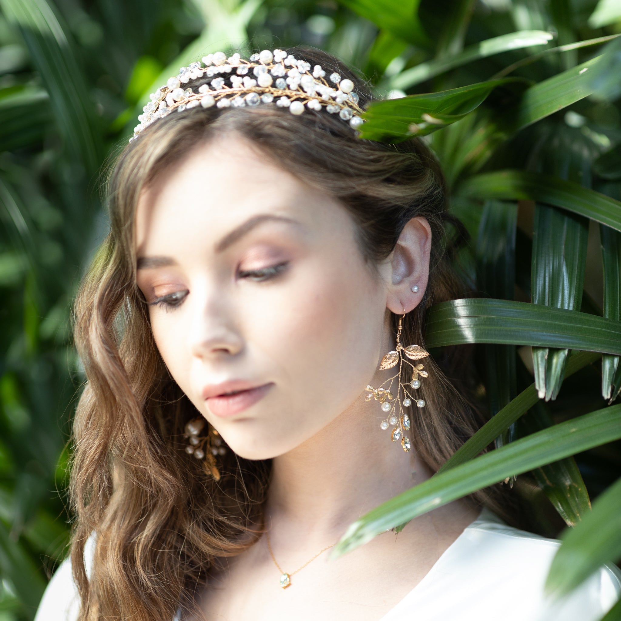 Jules Bridal - Adairia, Gold Leaf Pearl and Crystal Earrings