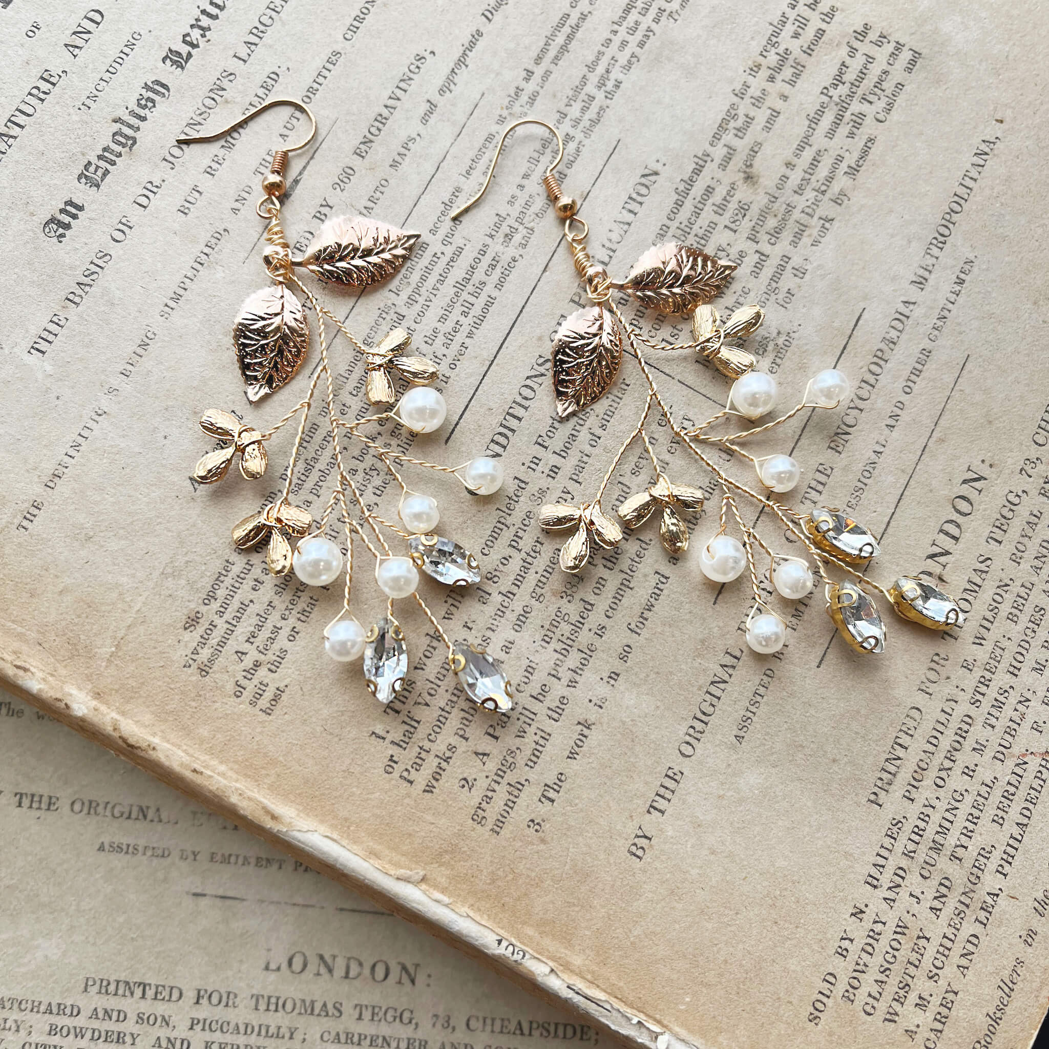 Aphrodite Rose Gold Crystal and Pearl Leaf Earrings - Ivory & Co