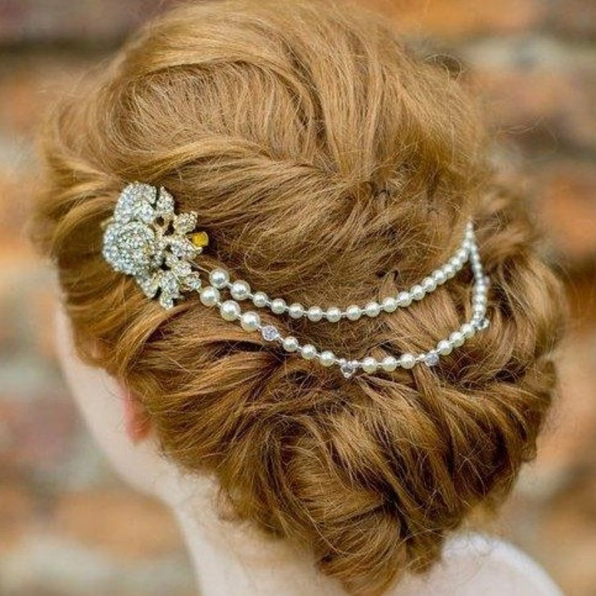 Pearl/Crystal Hair Drapes - Gold Vintage Style Hair Draped Pearls And Crystal Rose Features, Anita Gold.
