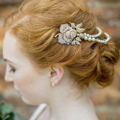 Pearl/Crystal Hair Drapes - Gold Vintage Style Hair Draped Pearls And Crystal Rose Features, Anita Gold.