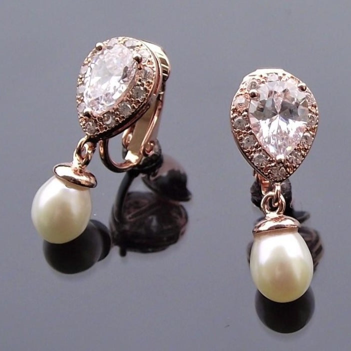Jules Bridal - Alisha, Rose Gold Pearl Clip-on Earrings [Archival- Handmade]