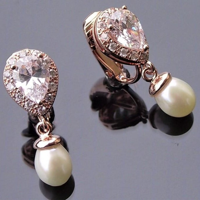 Jules Bridal - Alisha, Rose Gold Pearl Clip-on Earrings [Archival- Handmade]