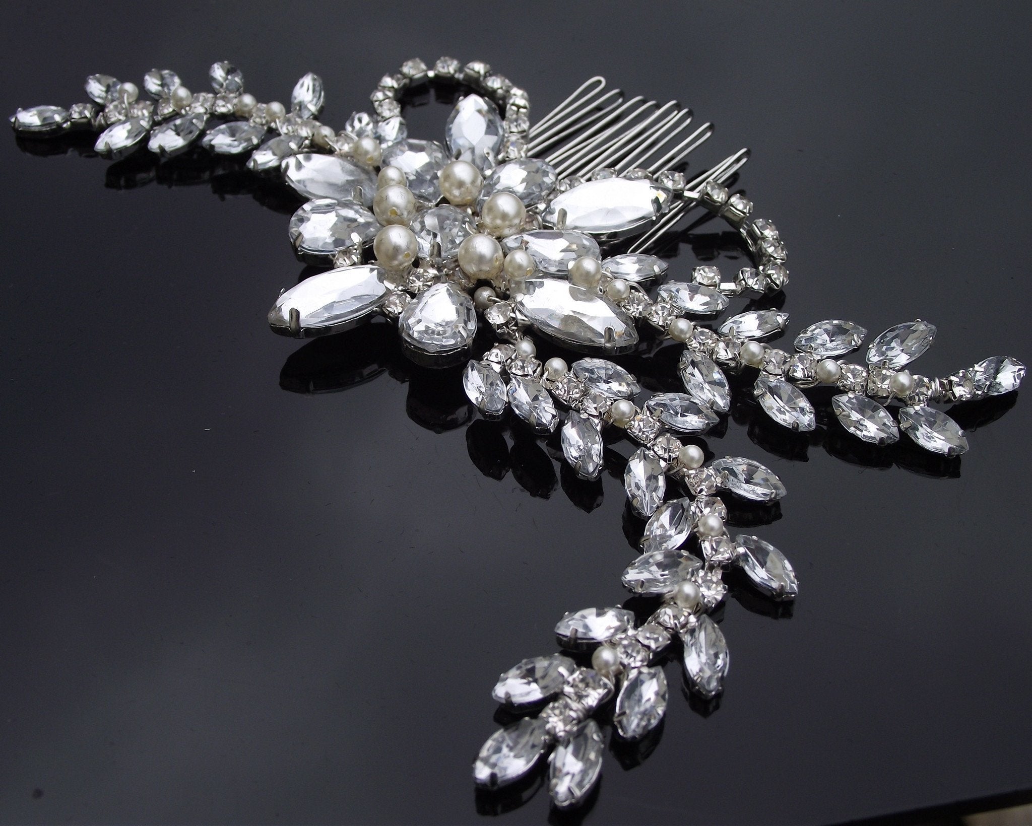 Vintage Side Headpieces - Chic Statement Wedding Headpiece, Pearls & Swarovski Crystals, Dahlia