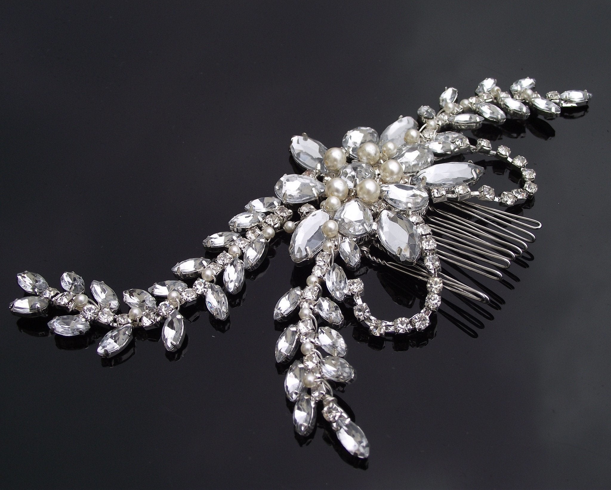Vintage Side Headpieces - Chic Statement Wedding Headpiece, Pearls & Swarovski Crystals, Dahlia